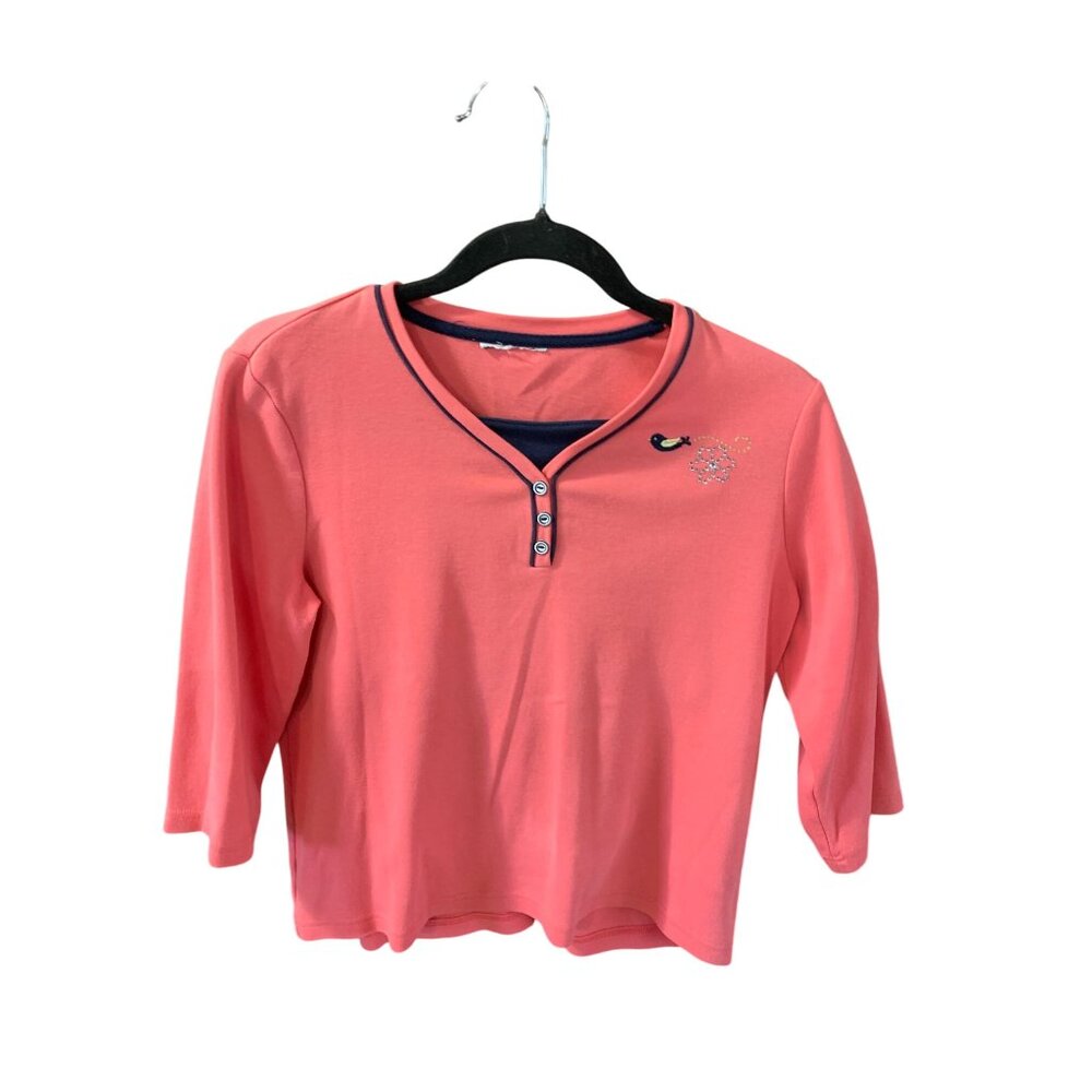 Cabot Womens Size Medium Orange Pullover VNeck Embelllished Collar 1/4 Button 3/